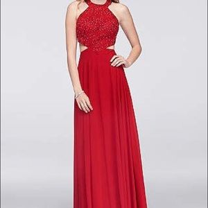 Red Sparkle Halter Cut Out Open Back Prom Dress